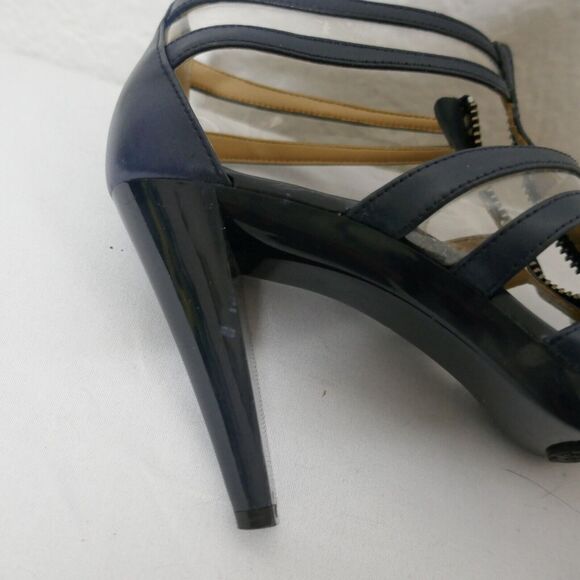 Michael Kors Navy Blue T Strap Sandal Heel Strappy Leather PVC 7M - Picture 5 of 12